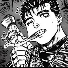 a black and white drawing of a man brushing his teeth