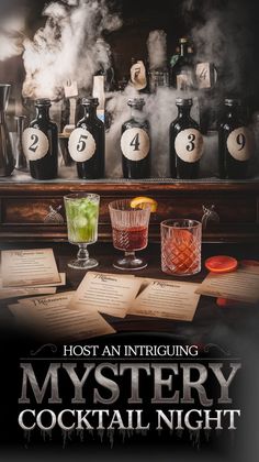 the poster for mystery cocktail night is shown in front of bottles and glasses filled with liquid