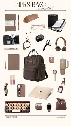 the contents of a brown bag are arranged on a white background with text that reads,'hers bag essentials '