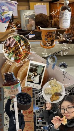 a collage of photos with food and drinks on it, including donuts, ice cream, coffee cups, and other items