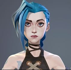 an animated woman with blue hair and piercings