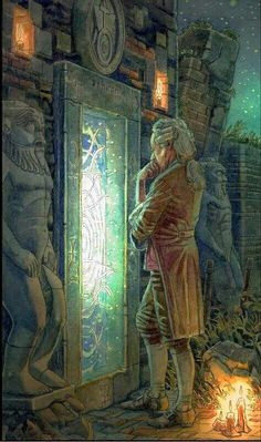 a painting of a man standing in front of a door with the light shining on him