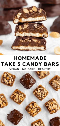 homemade take 5 candy bars with chocolate and nuts on top