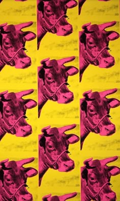 several images of a cow's head in pink and yellow