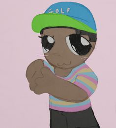 a drawing of a person wearing a hat and holding his arm out to the side