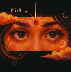 an artistic painting of a woman's face with eyes and stars above her head