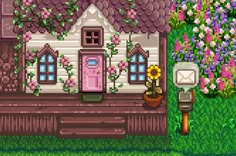 a pixel art house with flowers and a mailbox in the front yard next to it
