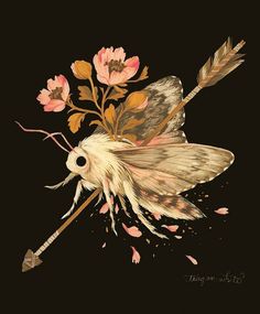 a painting of a bird with flowers on it's head and an arrow in its beak