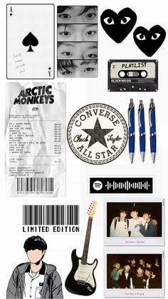 various stickers, tags, and other items are arranged on top of each other