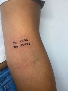a woman's stomach with the words no risk, no story written on it