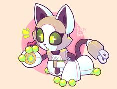 a drawing of a cat with green eyes holding an object in its hand and looking at the camera