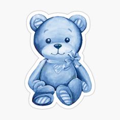 a blue teddy bear with a bow on it's head sitting down sticker