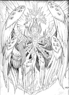 a drawing of an angel surrounded by two birds and the sun in the sky above it