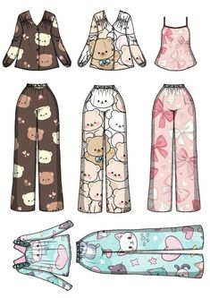 paper doll clothes with teddy bears and cats on them, all in different patterns or sizes