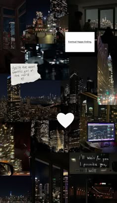 a collage of photos with city lights in the background