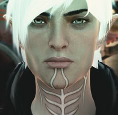 a woman with white hair and tattoos on her face