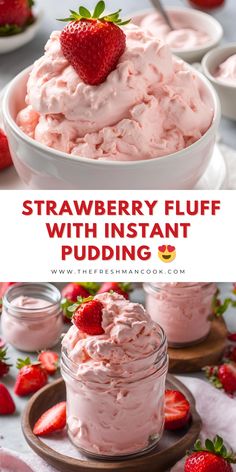 strawberry fluff with instant pudding in a bowl and strawberries on the side for garnish