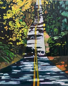 an oil painting of a road surrounded by trees with yellow and green leaves on it