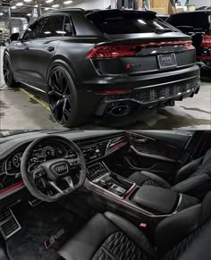the inside and outside view of a black car in a showroom with other cars