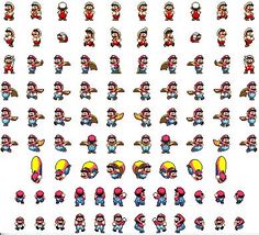 an old school computer game character set with different facial expressions and head shapes, all in various poses