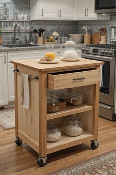 a kitchen island cart with food on it