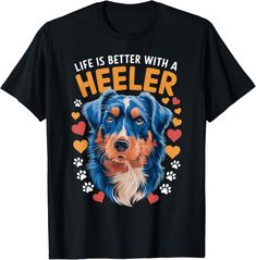 a black t - shirt with an orange and blue dog's face