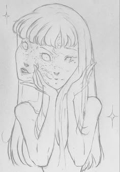 a pencil drawing of a girl holding her face