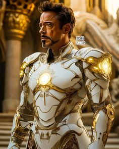 iron man standing in front of a building with gold accents on his body and chest