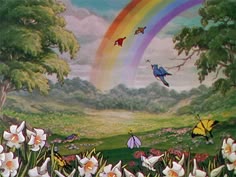 a painting of white flowers with a rainbow in the background and a field full of trees