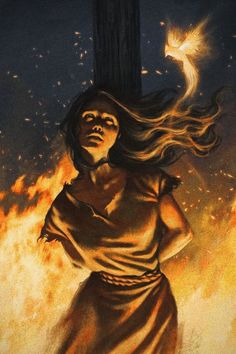 a painting of a woman standing in front of a cross with fire coming from it