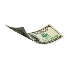 one hundred dollar bill flying through the air with an arrow on it's side