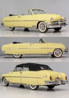three different views of an old yellow car