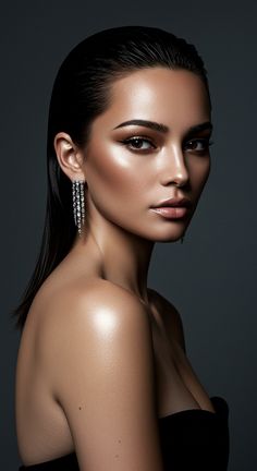 a woman in black dress with earrings on her head