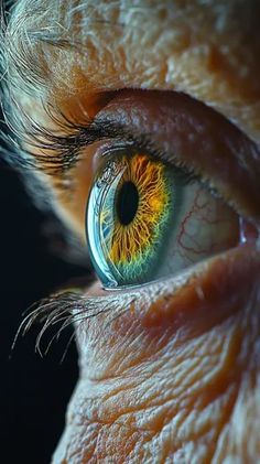 an eye with yellow and green iris looking at the camera