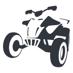 a black and white silhouette of an atv on a white background, with the words