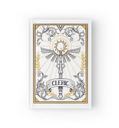 a white and gold playing card with an ornate design on the front, surrounded by other symbols