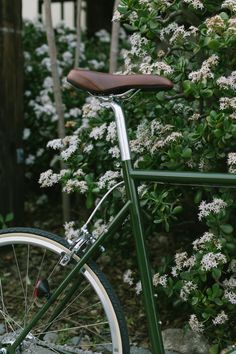 a green bicycle parked next to some white flowers