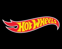 the word hot wheels on a black background with red and yellow flames coming out of it