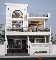 a white house with balconies on the second floor