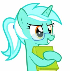 the blue pony is holding a book and looking at it's face with big eyes
