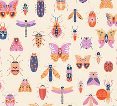 an image of colorful bugs and insects on a white background for wallpaper or fabric