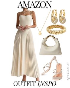 Amazon - Womens Fashion. Spring Dress. #inspire #womensstyle Chic Cream Flowy Maxi Dress, Classy Amazon Dresses, Chic Beige Maxi Dress With Ruffle Hem, Amazon Elegant Dresses, White Midi Length Maxi Dress With Pleated Waist, Amazon Finds Dresses, Amazon Beige Dress, Amazon Engagement Outfits, Chic Cream Midi Dress With Smocked Back