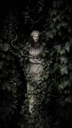 a statue surrounded by vines and leaves in the dark, with one person standing behind it