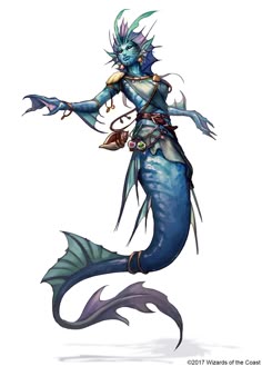 a blue mermaid with long hair and horns on her head, standing in the air