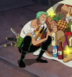 an animated man sitting on the ground next to a pile of bottles