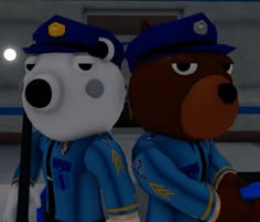 two teddy bears dressed in uniforms standing next to each other