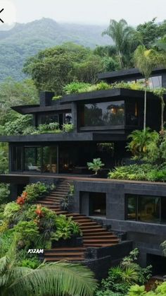 the house is surrounded by lush vegetation and trees