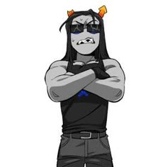 a cartoon character with his arms crossed and wearing horns on his head, standing in front of