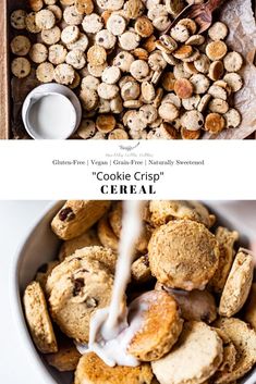 two pictures showing different types of cookies in a bowl and on the other side is a plate with biscuits