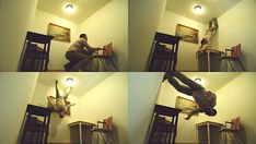 four pictures of a man hanging upside down on a chair with his feet in the air
